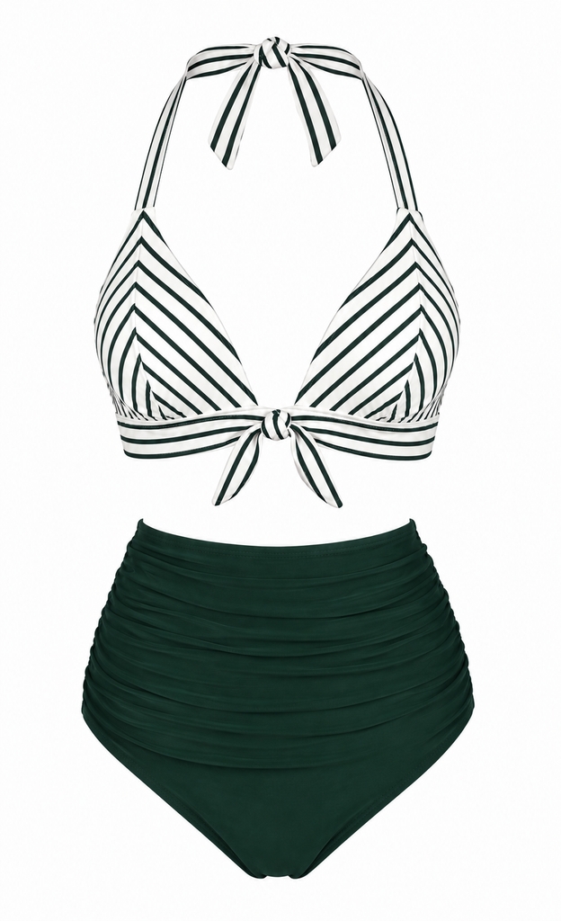[Prevendita] Set bikini verde anni '50 a righe arricciato con scollo all'americana