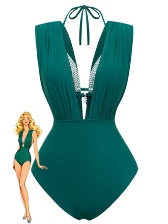 Bikini con top a quadri vintage anni '60 e costume intero con scollo a V e balze indossato dalla modella per uno stile retrò da vacanza al mare