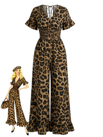 Tuta-Lunga-Marrone-Anni '30-Leopardata-con-Volant-e-Scollo-a-V