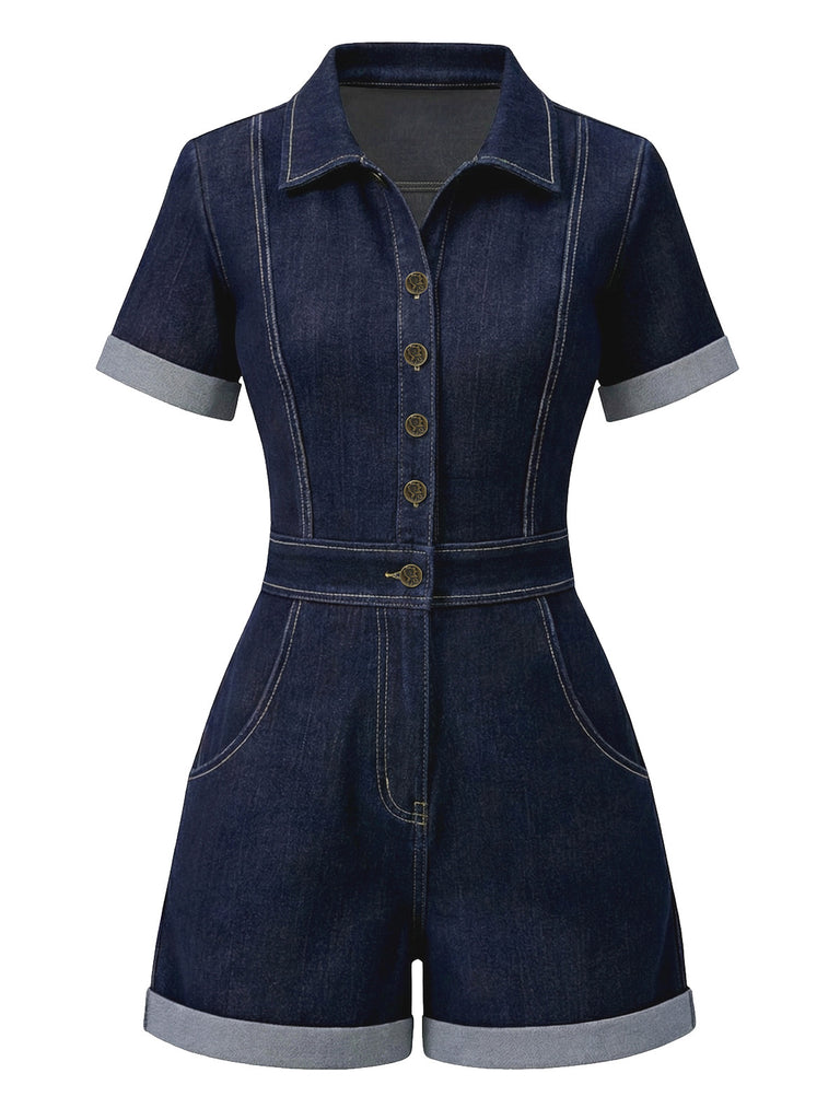 Tuta-corta-blu-scuro-anni '60-in-denim-con-colletto-a-camicia