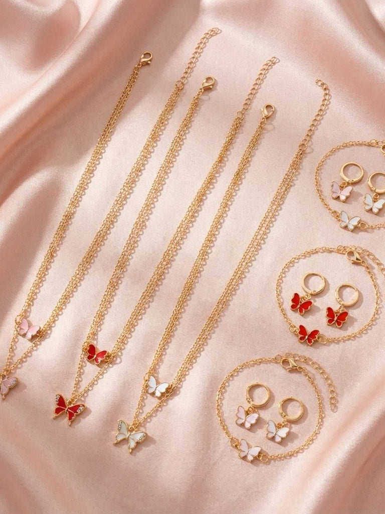 Set Collana e Bracciale e Orecchini con Farfalle e Strass