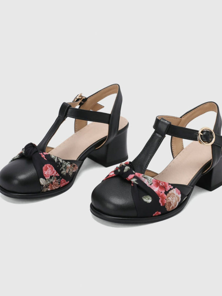 Vintage Floral Bow Round Toe T-Strap Mary Jane Sandals - vintage fashion, retro style