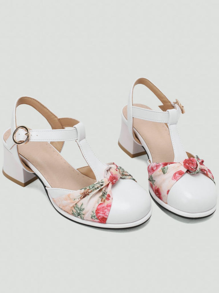 Vintage Floral Bow Round Toe T-Strap Mary Jane Sandals - vintage fashion, retro style