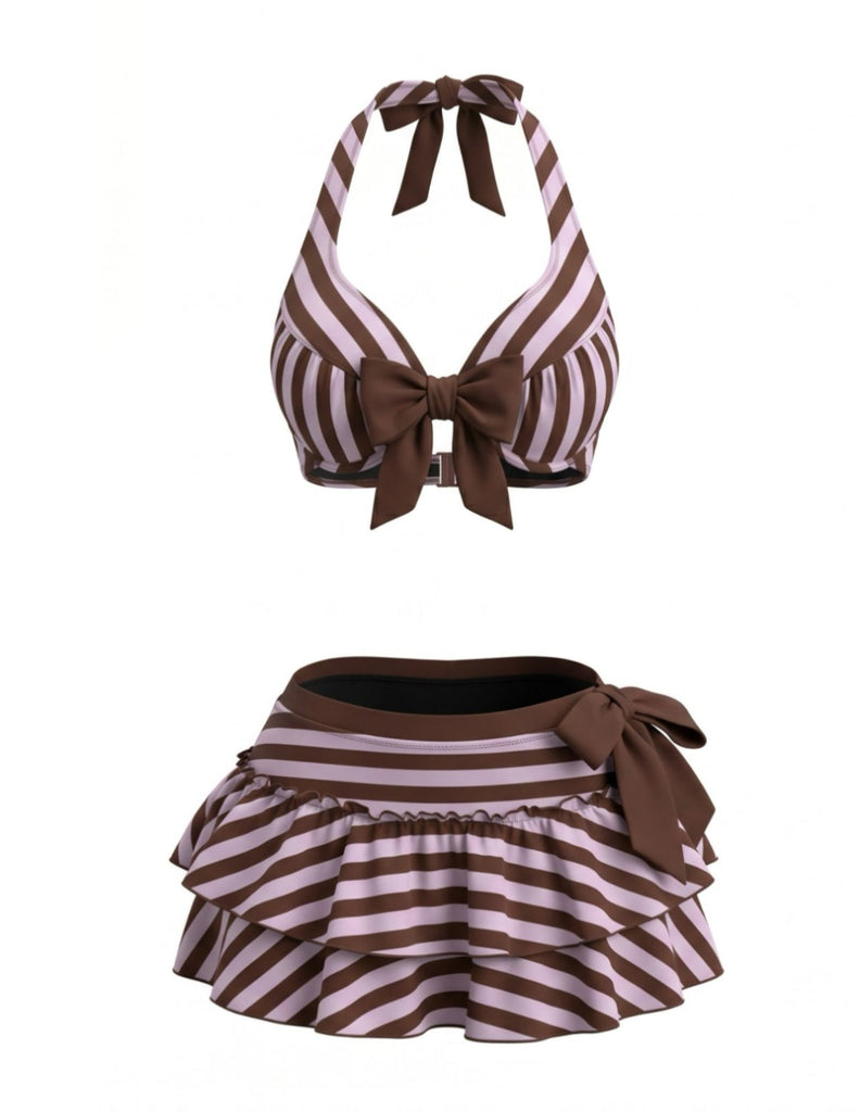 [Prevendita] Set Bikini a Righe Halter con Fiocco e Volant Viola Anni '50