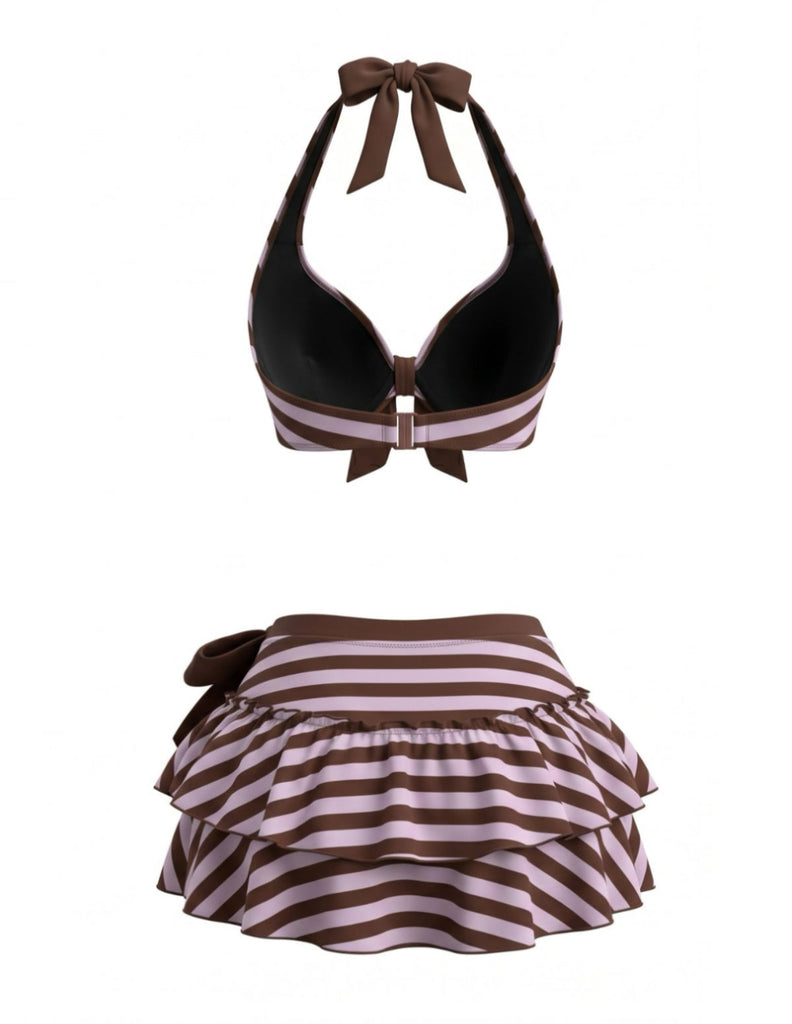 [Prevendita] Set Bikini a Righe Halter con Fiocco e Volant Viola Anni '50 2