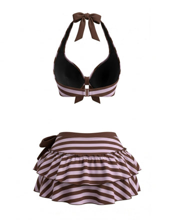 [Prevendita] Set Bikini a Righe Halter con Fiocco e Volant Viola Anni '50 2