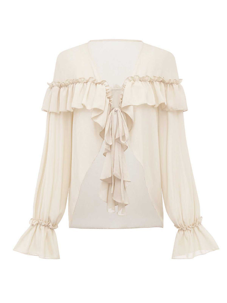 Blusa boho tinta unita con volant a cascata anni '70