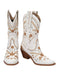 White cowboy boots with brown floral embroidery on a white background