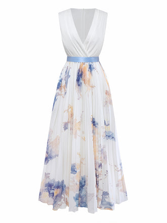 White dress with floral pattern and blue belt on a white background