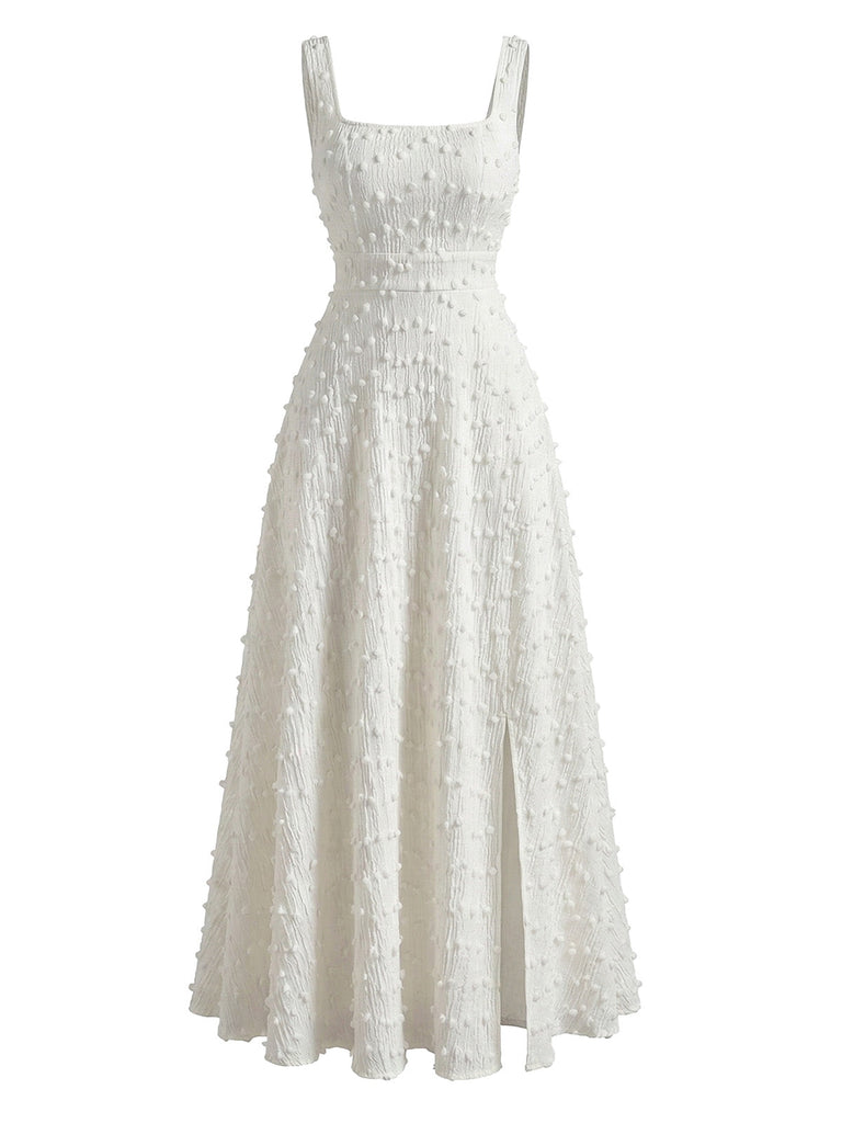 White 1940s Swiss Dot Square Neck Swing Dress