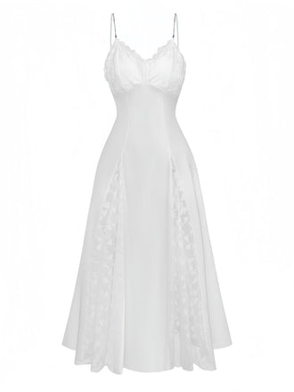 Camicia da Notte Maxi in Raso con Pizzo Strass e Spacco Bianco Anni '50
