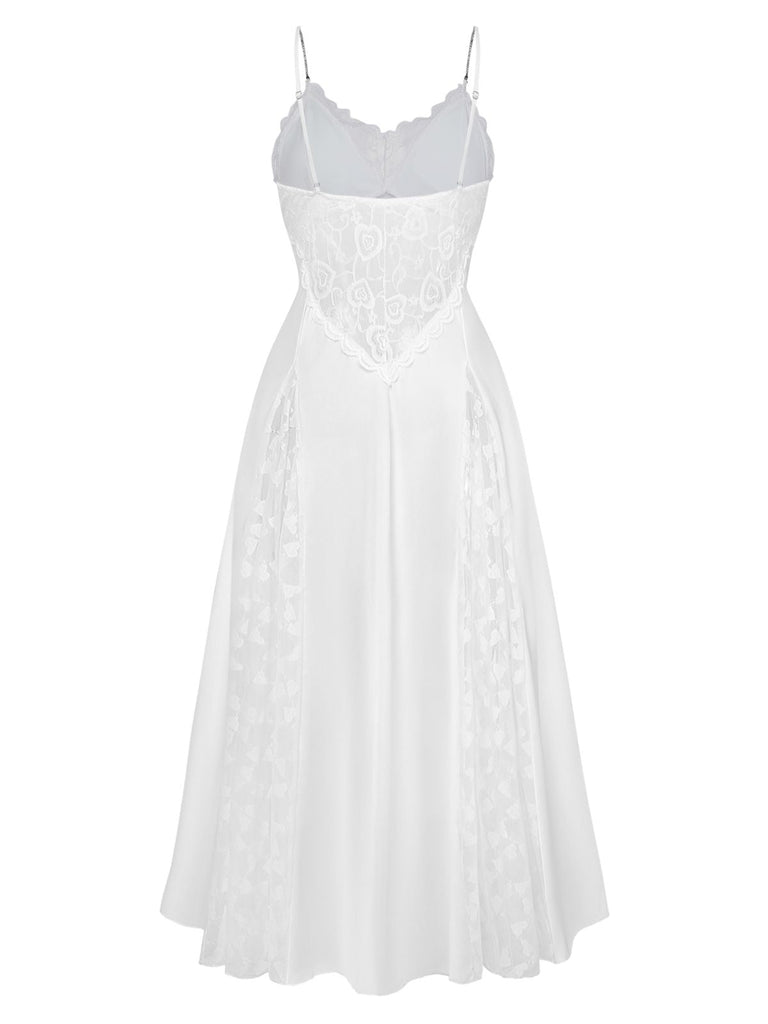 Camicia da Notte Maxi in Raso con Pizzo Strass e Spacco Bianco Anni '50