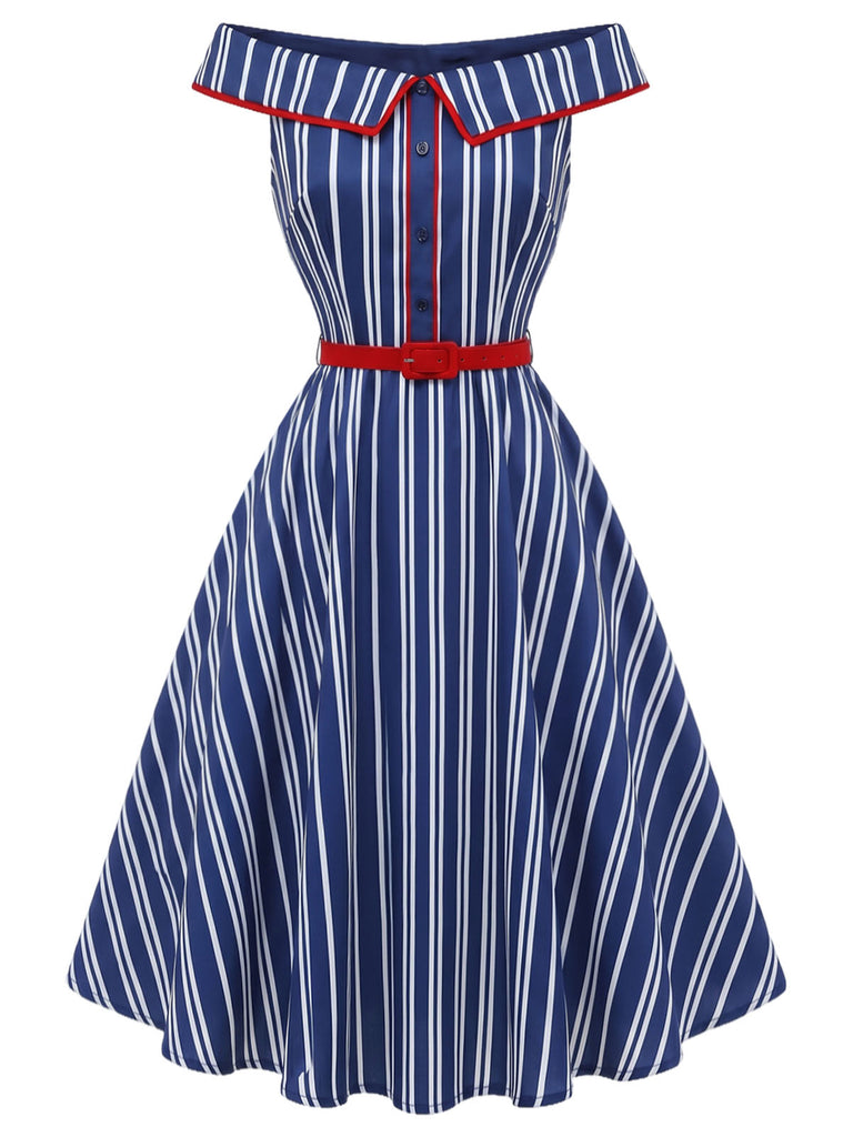 [Pre-Sale] White 1950s Striped Off Shoulder Swing Dress, vintage dress, retro fashion, rockabilly, pin-up fashion - perfect for women who love vintage and retro fashion