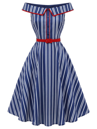 [Pre-Sale] White 1950s Striped Off Shoulder Swing Dress, vintage dress, retro fashion, rockabilly, pin-up fashion - perfect for women who love vintage and retro fashion