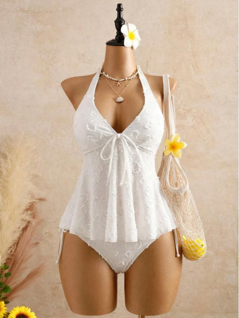 Set Tankini Textured Floreale Halter Deep V Anni '50 13