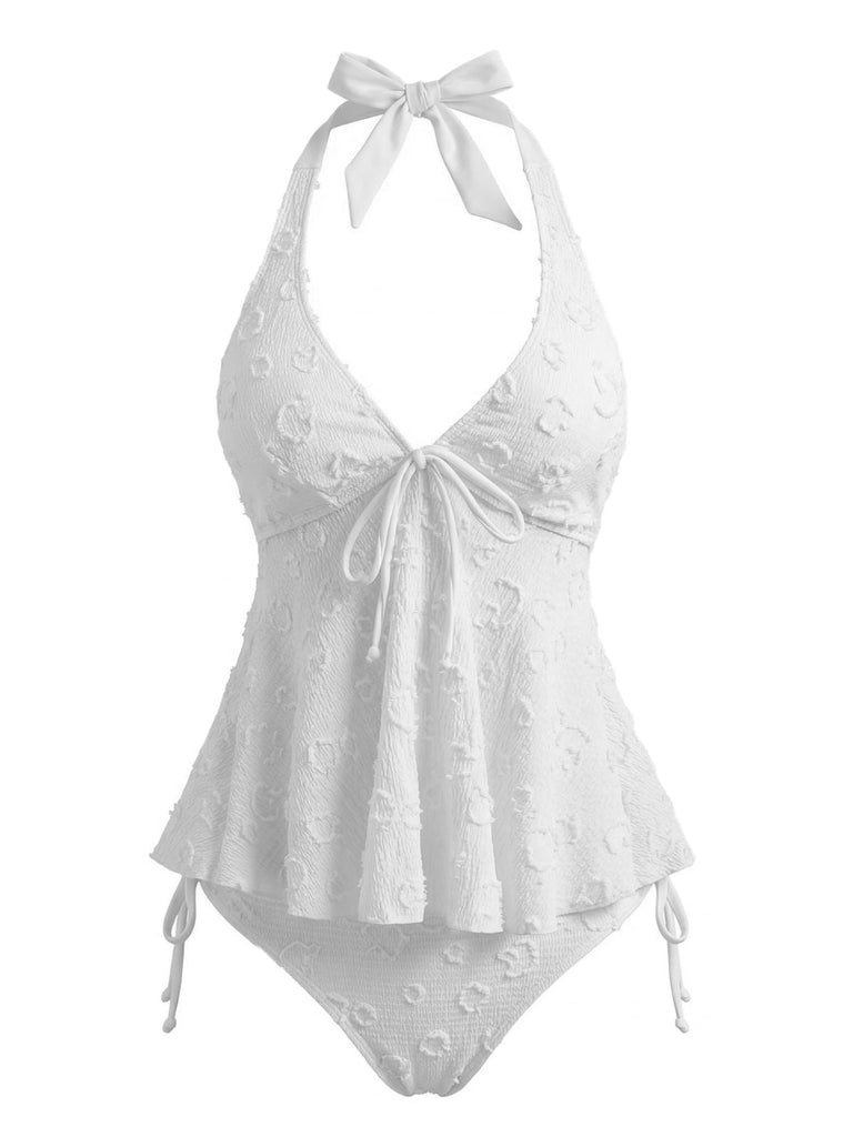 Set Tankini Textured Floreale Halter Deep V Anni '50 12