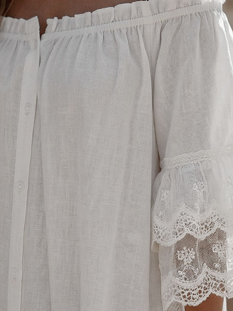 Abito Bianco Boho Spalle Scoperte in Pizzo a Balze Anni '70 4