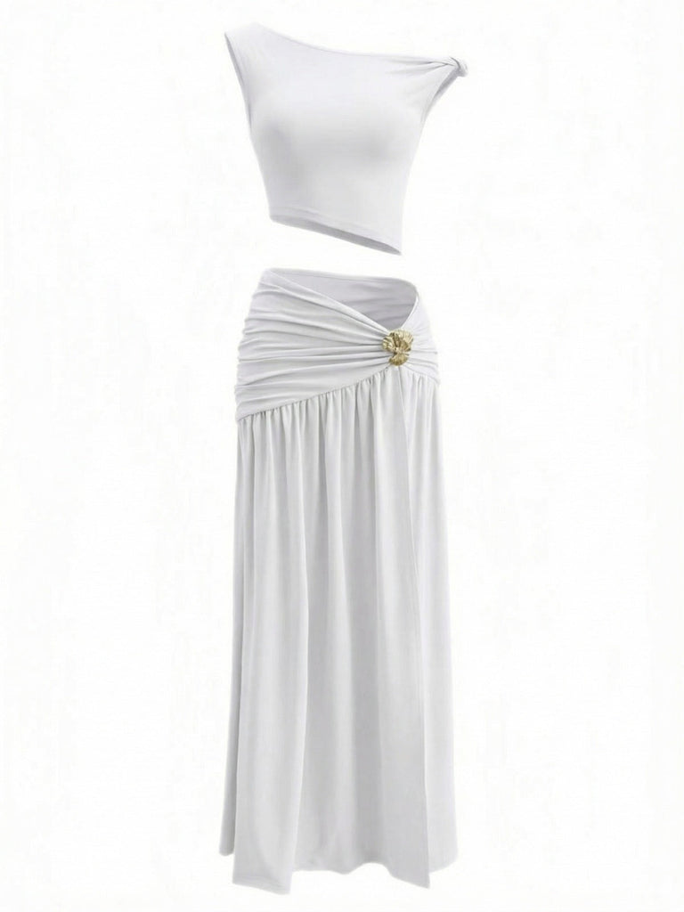 2PCS Anni '30 Top a Spalle Scoperte e Gonna Lunga Arricciata