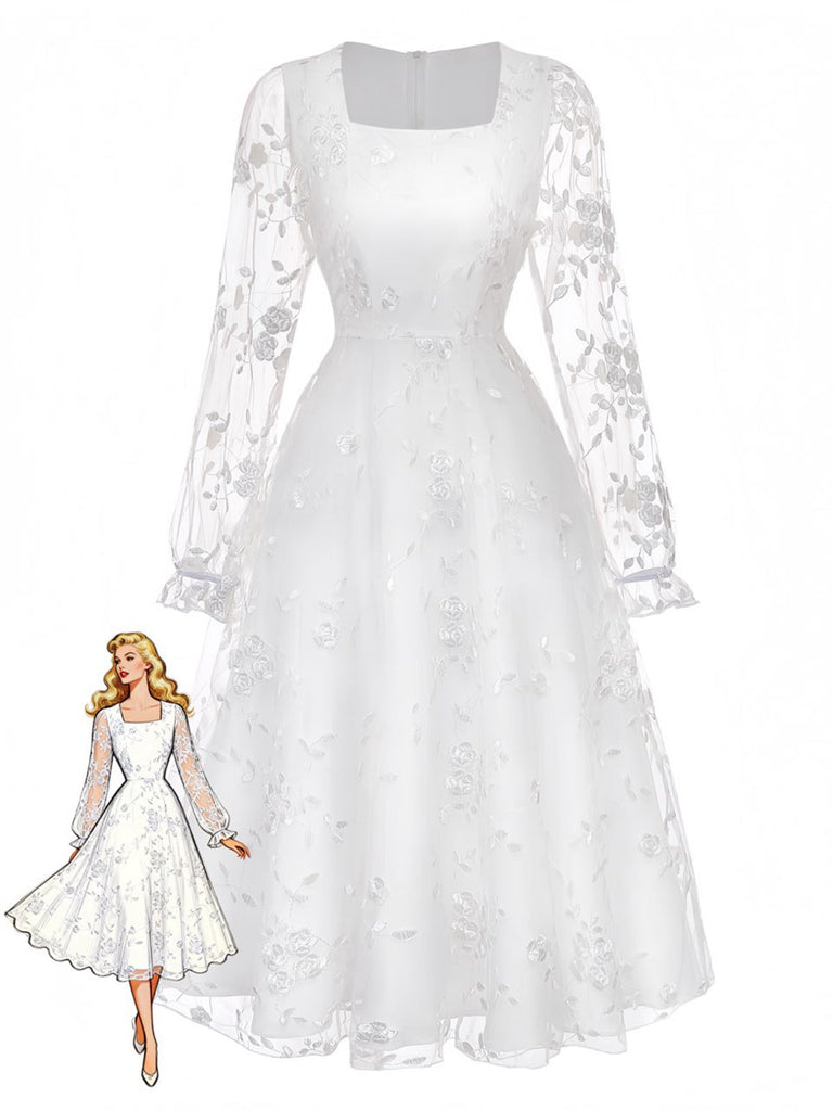 White vintage dress with floral embroidered lace and square neckline in 1950s retro style