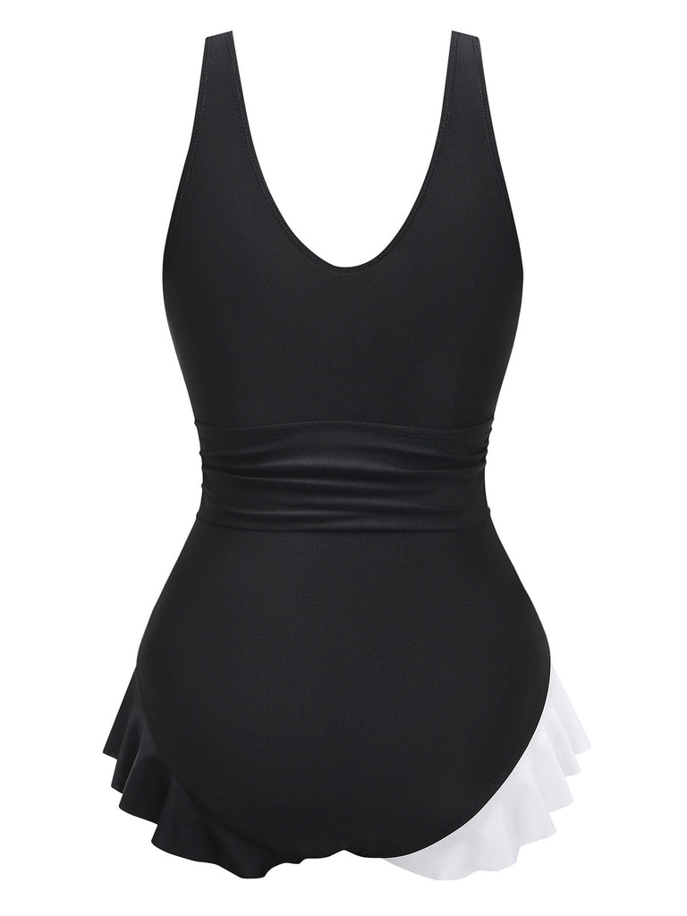 White ruffle one-piece swimsuit back view showing elegant design details for poolside wear