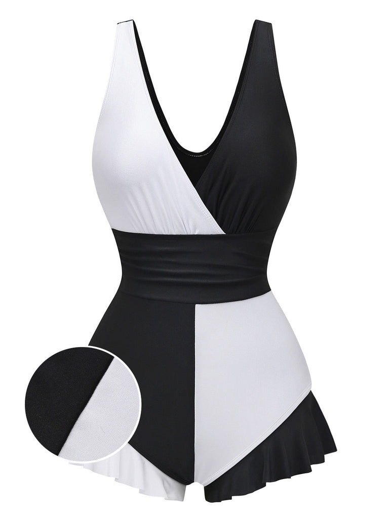 White ruffle one-piece swimsuit front view for elegant beach and poolside styling