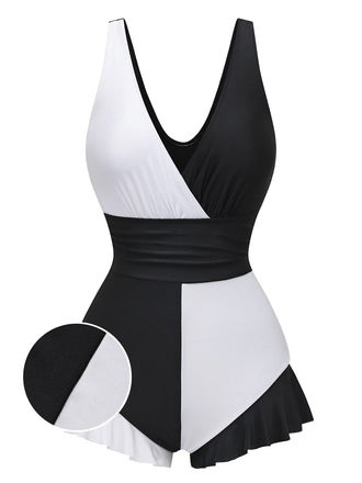 White ruffle one-piece swimsuit front view for elegant beach and poolside styling
