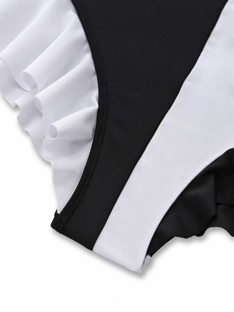White ruffle one-piece swimsuit gusset detail close-up showing quality construction and comfort