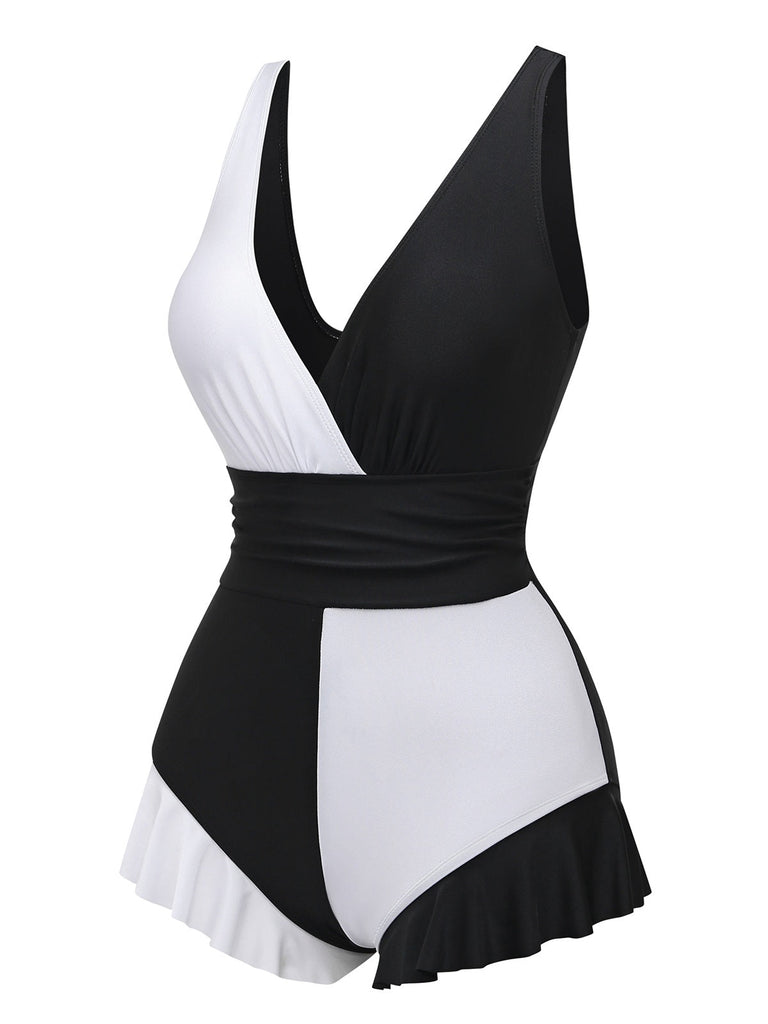 White ruffle one-piece swimsuit side view showcasing flattering silhouette for summer swimming