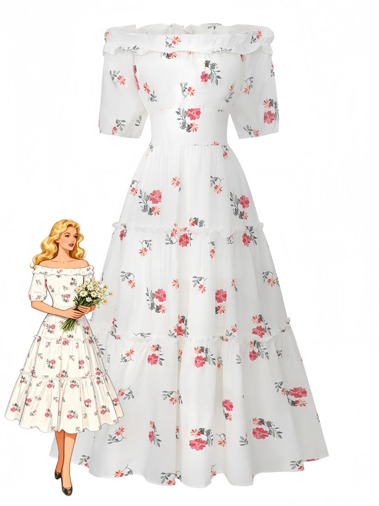 White 1930s Floral Ruffled Off-Shoulder Puff Dress model view