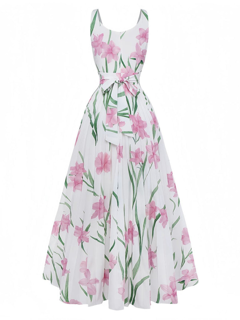 Abito lungo bianco anni '30 floreale senza maniche