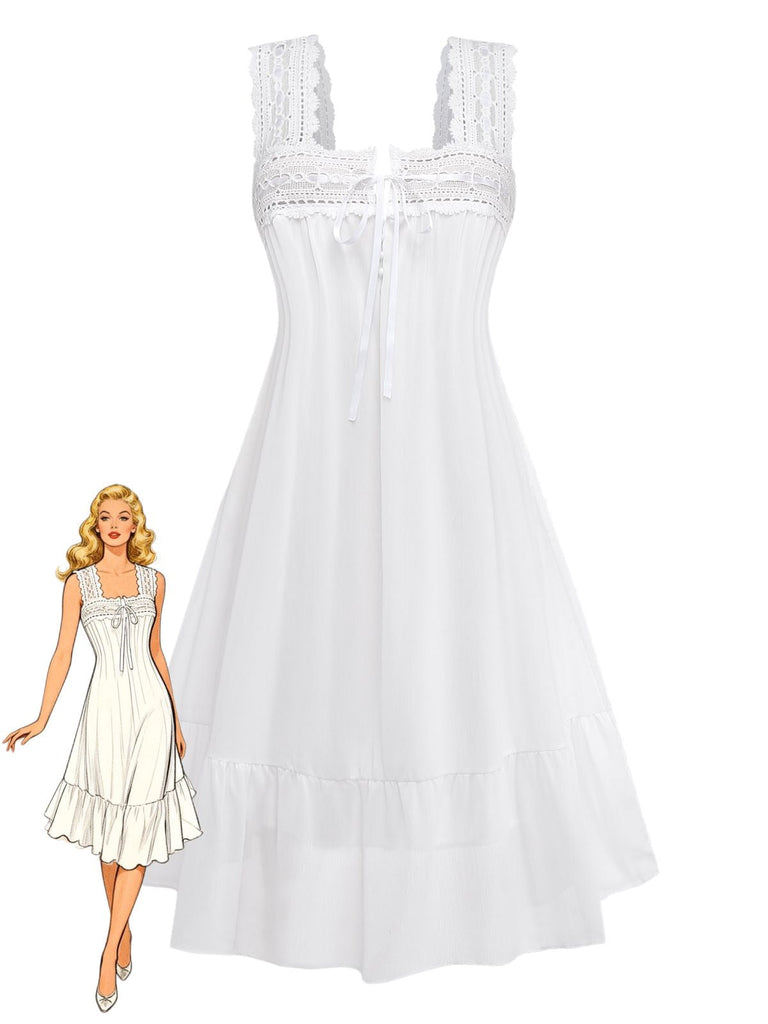 Front: White 1940s Solid Lace Patchwork Tie Front Dress, timeless beauty, perfect for vintage fashion lovers