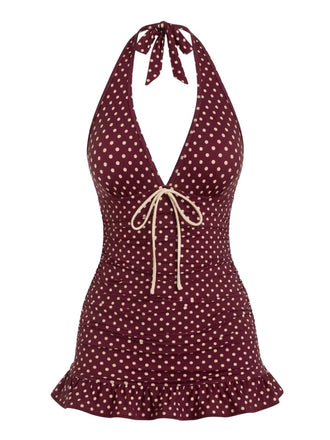[Prevendita] Costumi Bordeaux Anni '40 a Pois con Scollo All'americana
