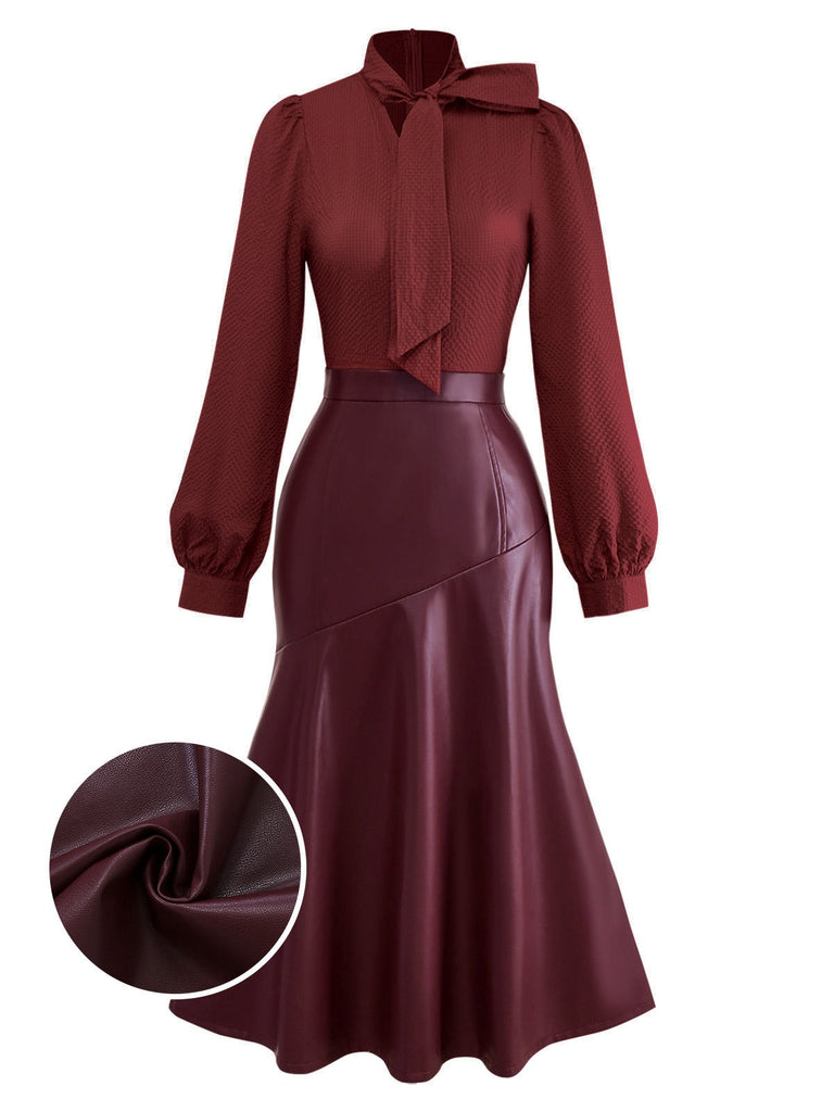 Wine Red 1940s Tie Neck Leather Patchwork Dress - vintage dress, retro fashion, elegant red