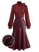 Wine Red 1940s Tie Neck Leather Patchwork Dress - vintage dress, retro fashion, elegant red