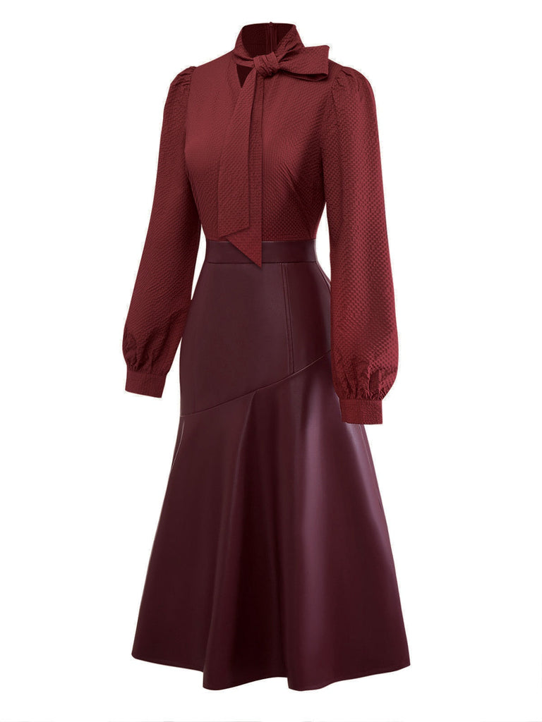 Wine Red 1940s Tie Neck Leather Patchwork Dress - vintage dress, retro fashion, elegant red