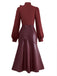 Wine Red 1940s Tie Neck Leather Patchwork Dress - vintage dress, retro fashion, elegant red