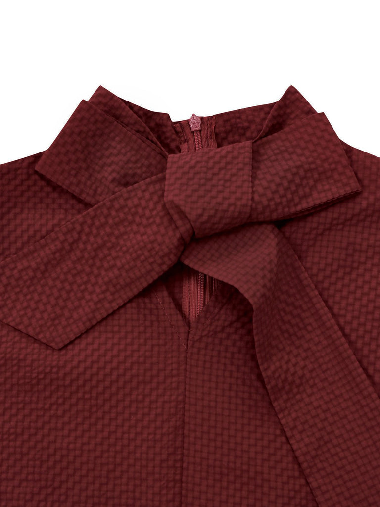 Wine Red 1940s Tie Neck Leather Patchwork Dress - vintage dress, retro fashion, elegant red