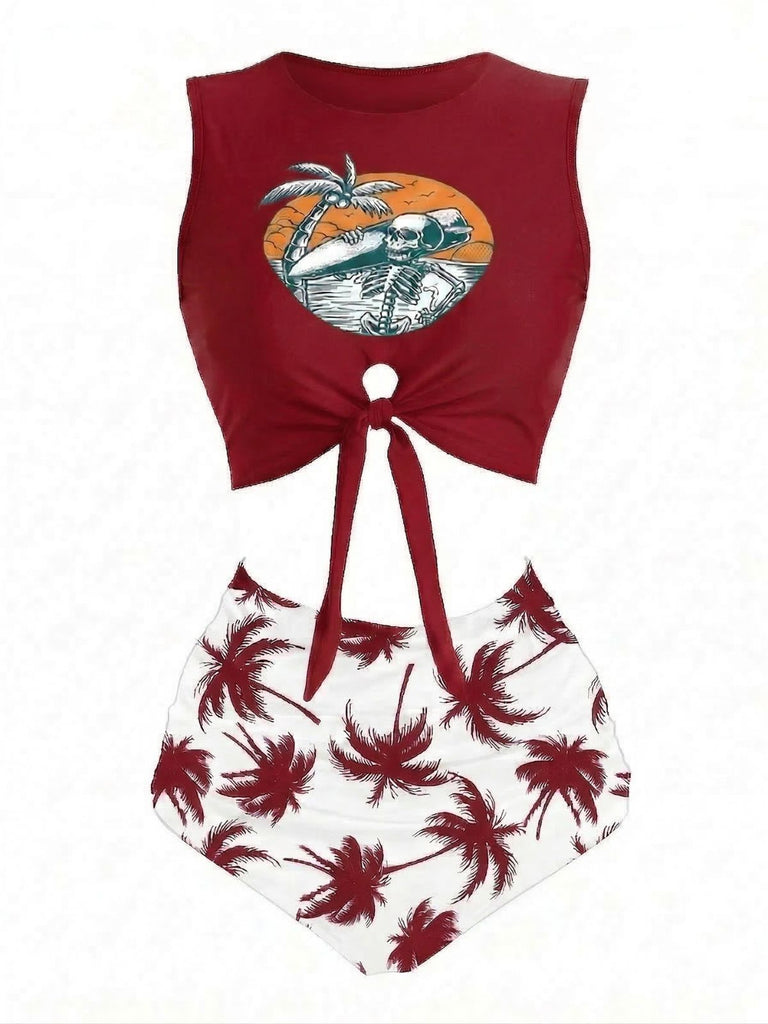 [Pre-Vendita] Set Bikini Verde Punk con Laccio in Vita Skeleton Beach con Stampa Anni '80 3
