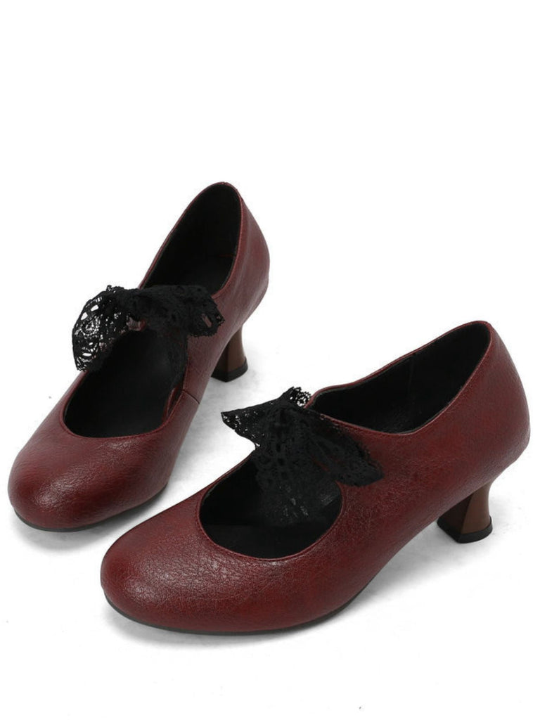 Scarpe Mary Jane con Pizzo e Fiocco con Tacco