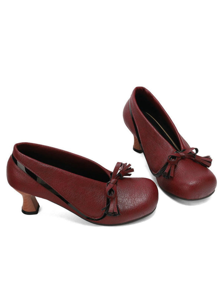 Scarpe con tacco spesso e punta tonda in PU con fiocco