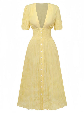 Yellow 1940s Puff Sleeve Button-Down Midi Dress - vintage dress, retro fashion