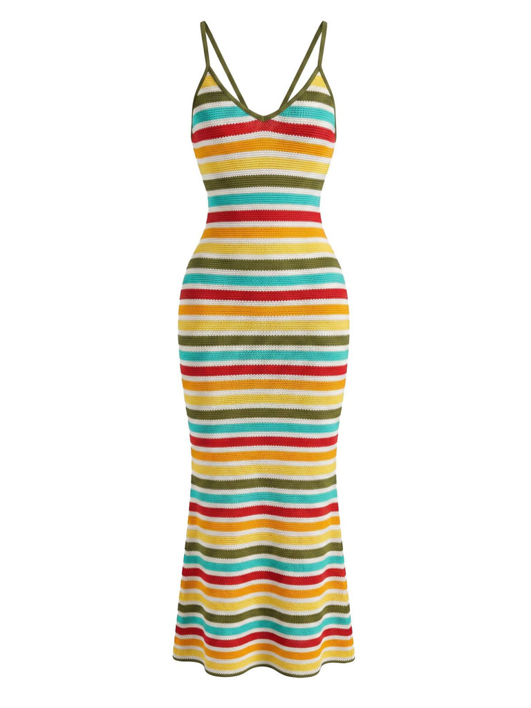 Abito Aderente Bohémien a Righe a Maglia Schiena Scoperta Multicolore Anni '70 2