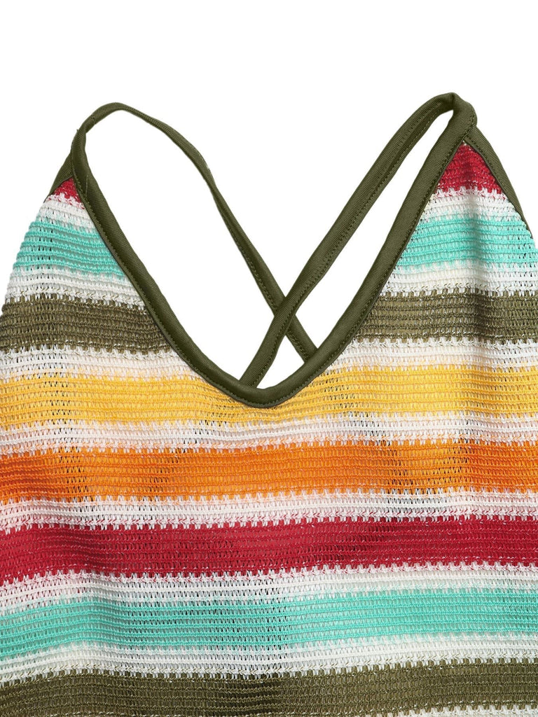 Abito Aderente Bohémien a Righe a Maglia Schiena Scoperta Multicolore Anni '70 6