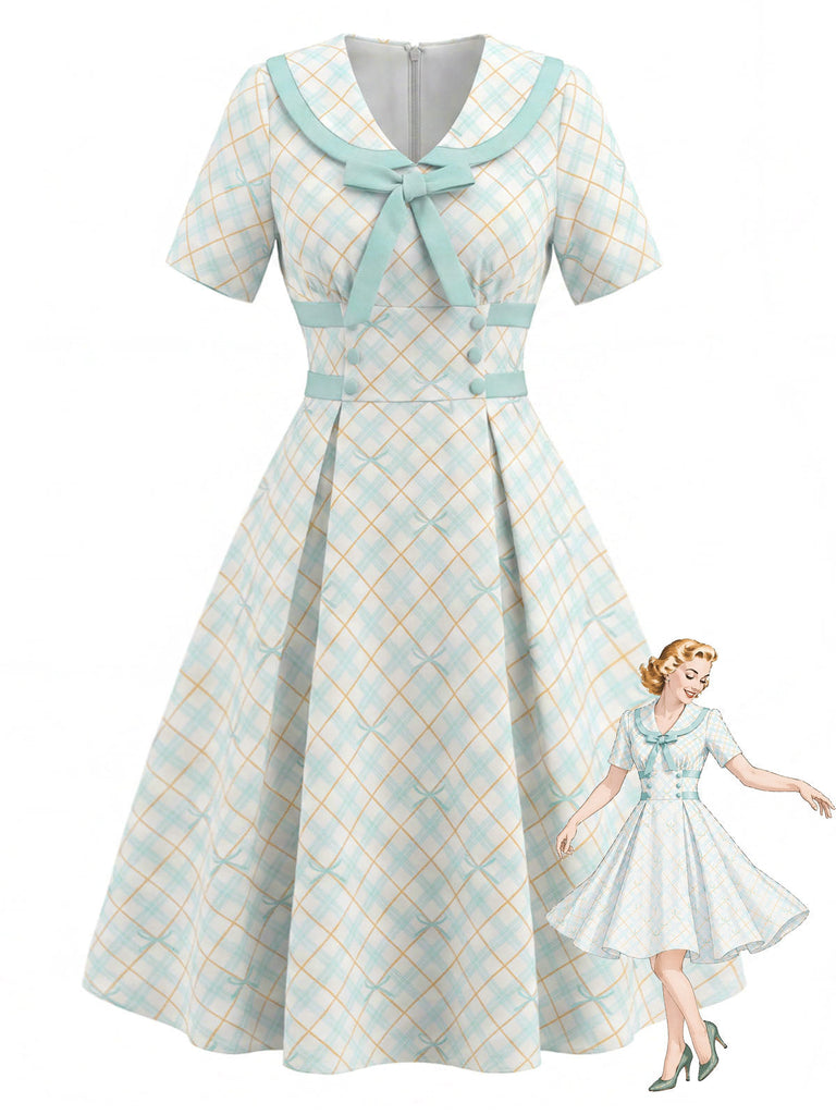 [Prevendita] Abito con Colletto alla Peter Pan a Quadri con Fiocco Giallo & Blu Anni '50