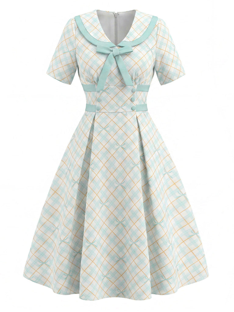 [Prevendita] Abito con Colletto alla Peter Pan a Quadri con Fiocco Giallo & Blu Anni '50