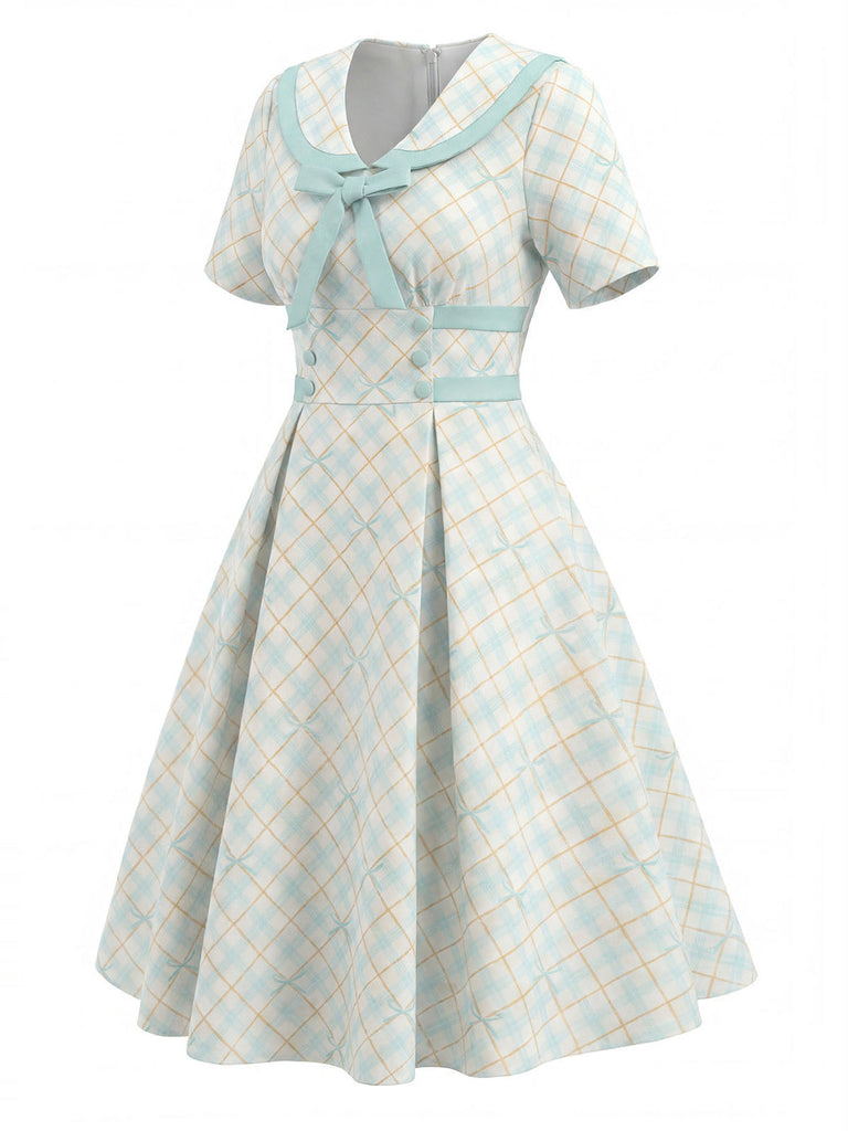 [Prevendita] Abito con Colletto alla Peter Pan a Quadri con Fiocco Giallo & Blu Anni '50