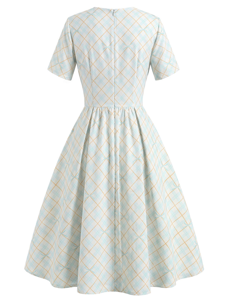 [Prevendita] Abito con Colletto alla Peter Pan a Quadri con Fiocco Giallo & Blu Anni '50