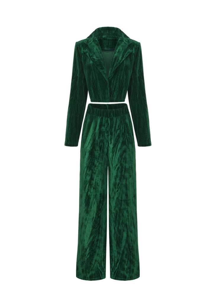 2PCS Blazer in flanella plissettata e pantaloni a gamba larga verde anni '80