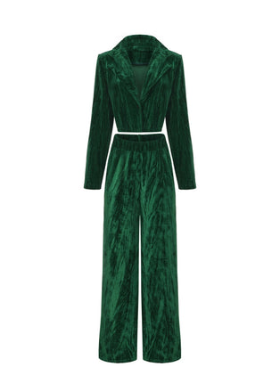 2PCS Blazer in flanella plissettata e pantaloni a gamba larga verde anni '80