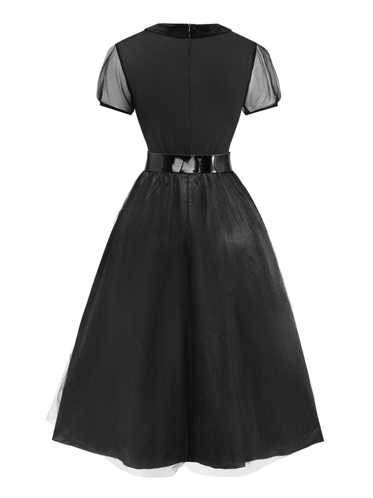 Abito in tulle trasparente e colletto Peter Pan nero anni '40